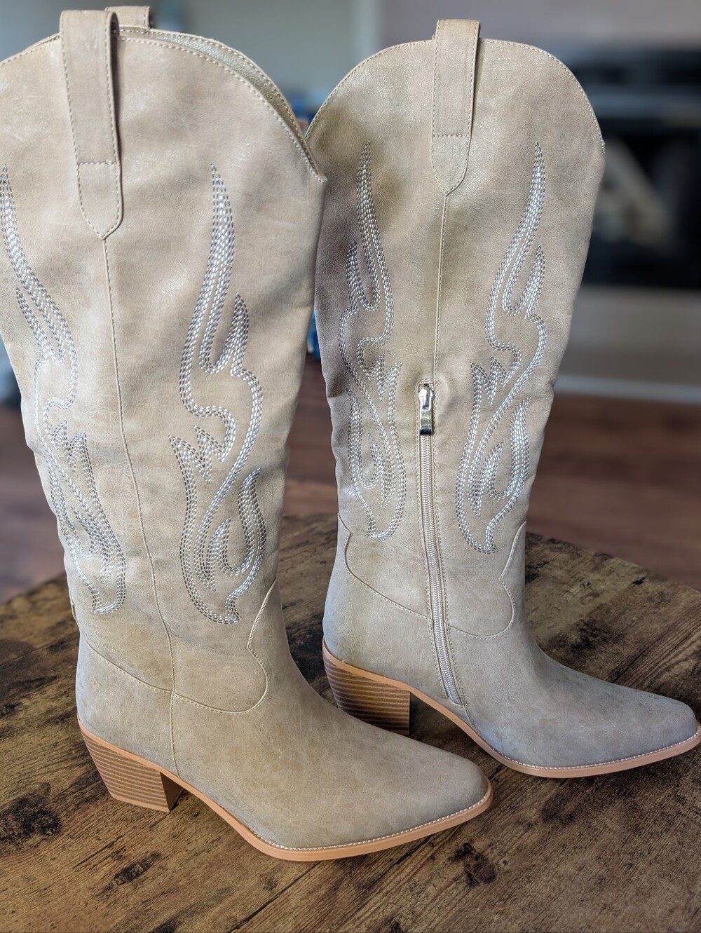 Neutral Beige Women's Western Knee-High Boots